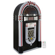 Retro Jukebox aus schwarzem Holz mit silbernen und roten Akzenten, glänzenden Details und einer Fernbedienung, ideal für Vinyl-Liebhaber