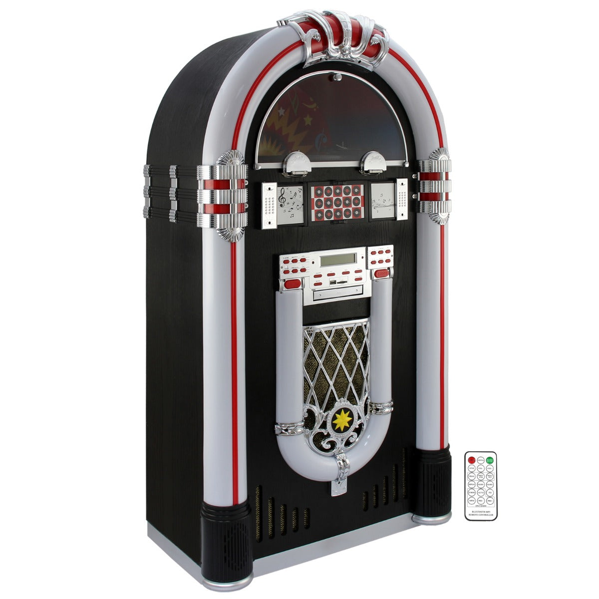 Retro Jukebox aus schwarzem Holz mit silbernen und roten Akzenten, glänzenden Details und einer Fernbedienung, ideal für Vinyl-Liebhaber