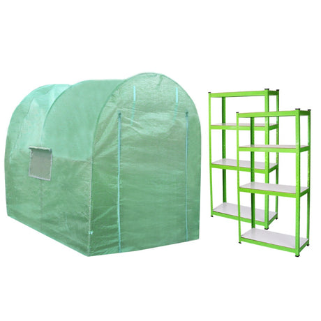 Polytunnel in sanftem Grünton, 2,5m x 2m, mit transparenten Fenstern und stabilen Regalen in frischem Grün und weißer Ablagefläche