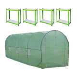 Polytunnel in transparent Grün mit 19mm-Rahmen, 5m x 2m, ergänzt durch vier grüne Regale mit weißen Ablageflächen für Pflanzen und Gartenbedarf