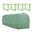 Polytunnel in grün mit transparentem Folienüberzug, ergänzt durch vier grüne Regale mit weißen Ablageflächen, ideal für Gartenpflanzen und Anbau