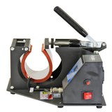 Die PixMax 5-in-1 Tassenpresse mit robustem schwarzen Gehäuse, rotem Gummi und einem Hebel zum einfachen Pressen von Tassen und Aufsätzen