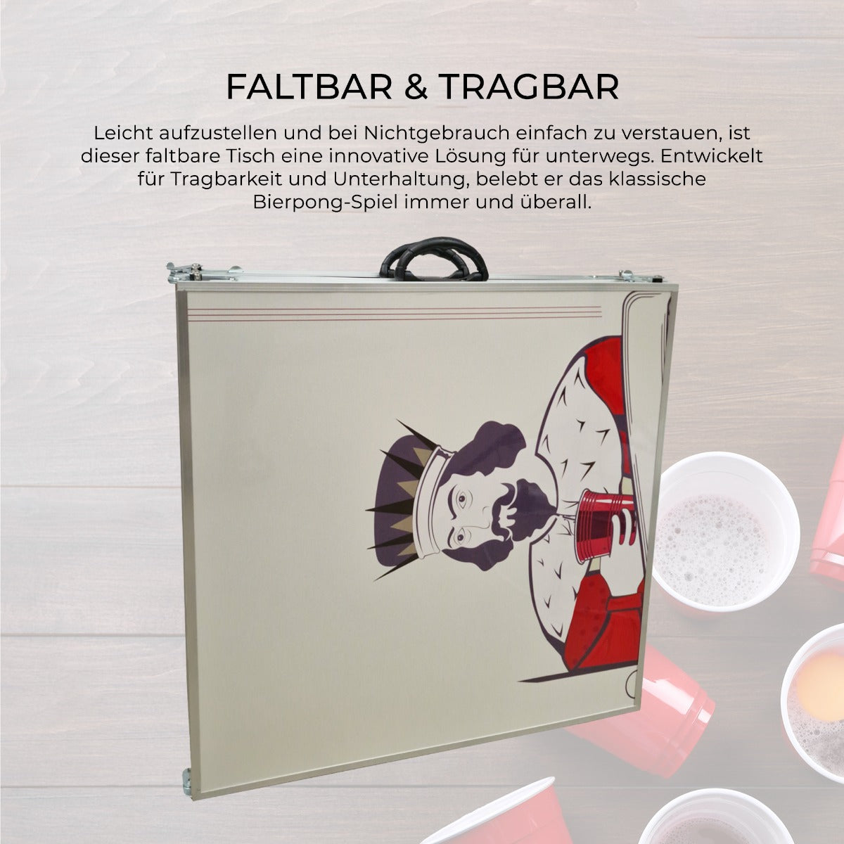 Faltbarer Bier Pong Tisch mit einem königlichen Design, grauer Oberfläche, praktischem Griff und robustem Material für Spaß und Unterhaltung überall