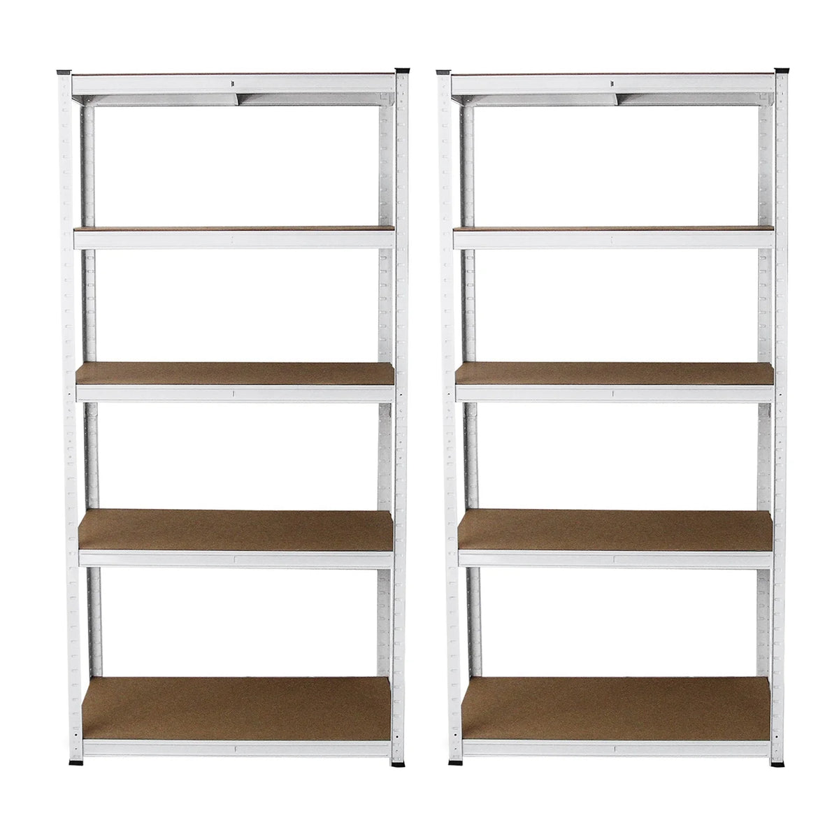 Zwei weiße Regaleinheiten mit sechs stabilen, braunen Ablagen, ideal für die Aufbewahrung von Gegenständen, 90 x 40 x 180 cm groß