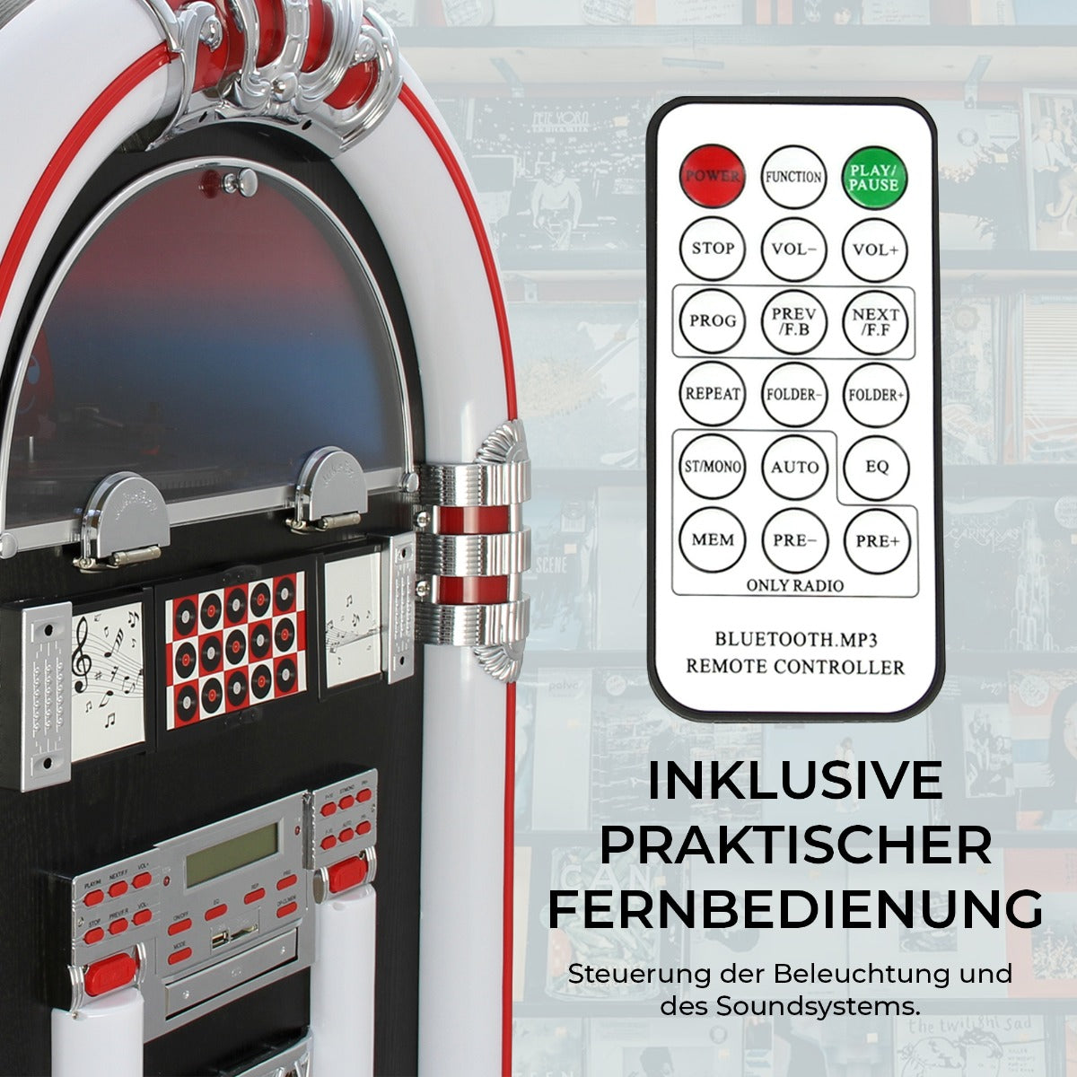 Retro Jukebox in Rot und Silber mit glänzenden Oberflächen, ausgestattet mit einer praktischen Fernbedienung zur Steuerung von Musik und Beleuchtung