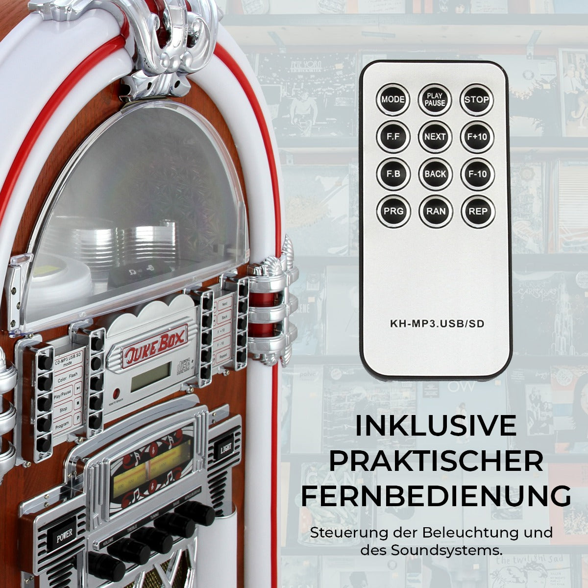 Retro 50er Jahre Jukebox in glänzendem Rot und Silber mit verchromten Details, inklusive praktischer Fernbedienung zur Steuerung des Soundsystems