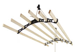Deckentrockner aus Holz in Schwarz mit sechs stabilen, hellen Holzstäben, elegant geschwungen, ideal zum Wäschetrocknen in Innenräumen