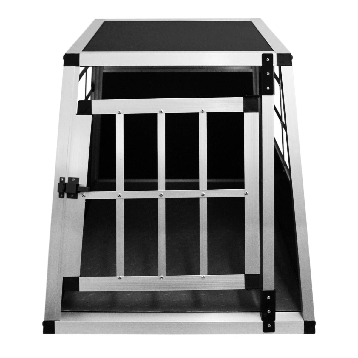 Kleine Hundetransportbox aus Aluminium mit schwarzem Dach, stabiler Gittertür und rutschfester Bodenfläche, ideal für sichere Autofahrten mit Hunden