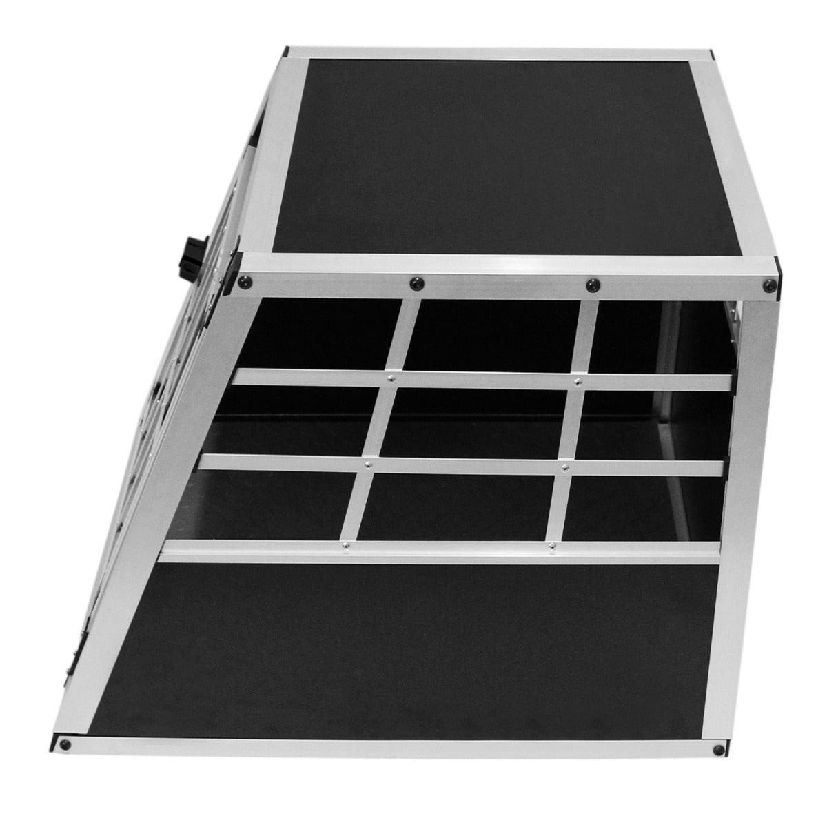 Kleine Hundetransportbox aus robustem Aluminium mit schwarzer Oberfläche, schräger Form und stabilen Gitterelementen für optimale Sicherheit im Auto