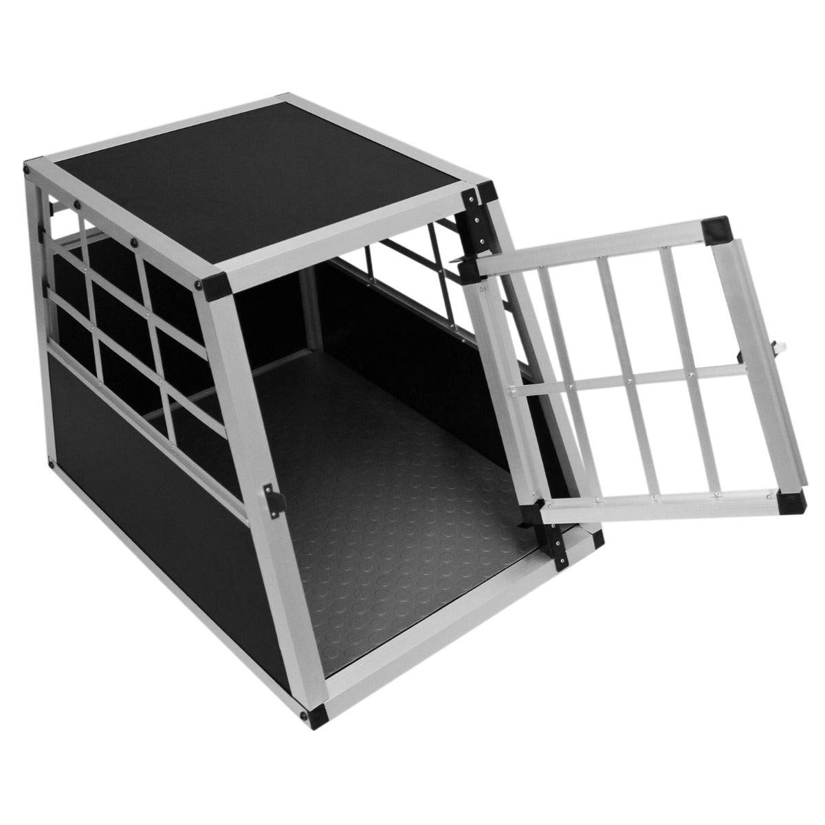 Kleine Hundetransportbox aus robustem Aluminium mit schwarzem, rutschfestem Boden und einer offenen Gittertür für einfachen Zugang