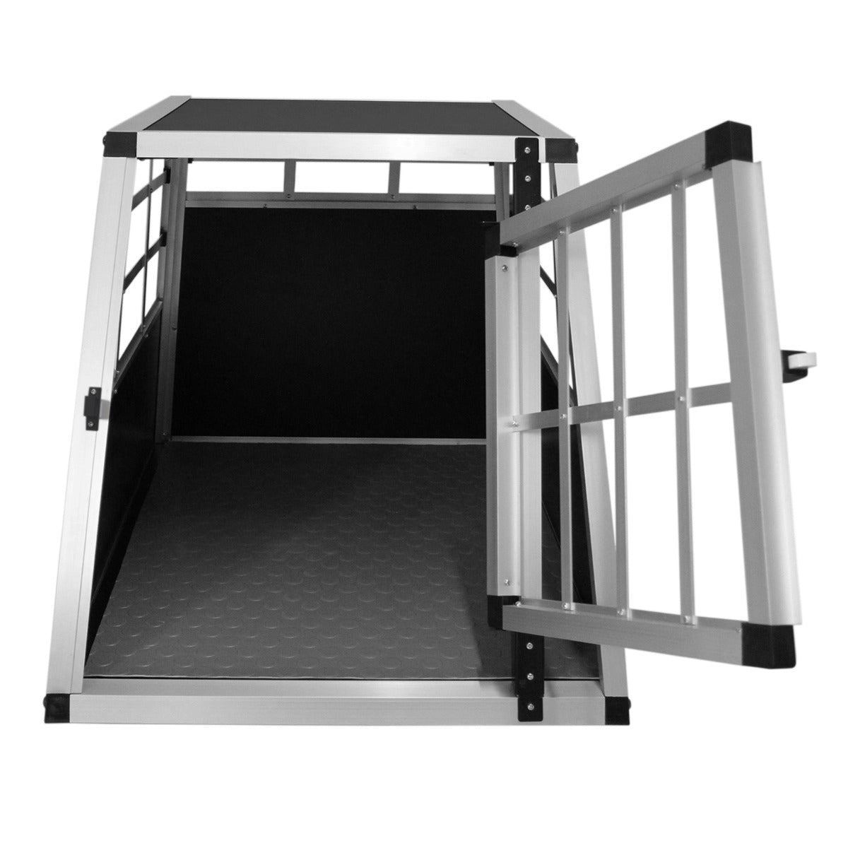Kleine Hundetransportbox aus Aluminium mit schwarzem Innenraum, rutschfester Boden und einer großen, aufklappbaren Tür für einfachen Zugang
