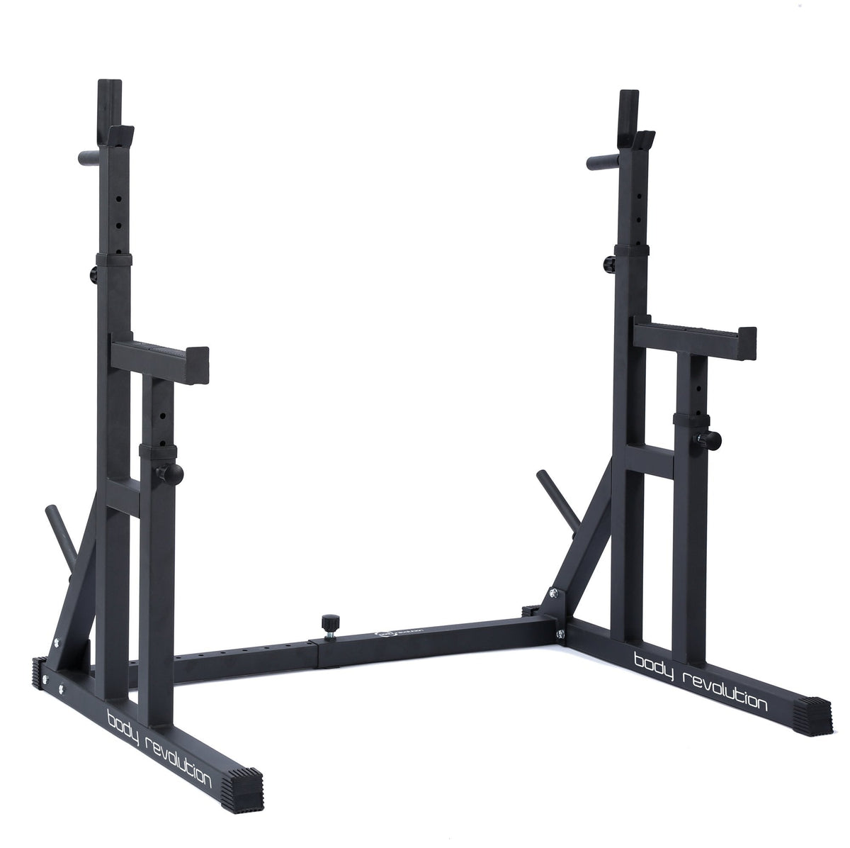 Schwarzer Squat Rack von Body Revolution mit verstellbaren Halterungen, stabiler Konstruktion und rutschfesten Füßen für sicheres Training