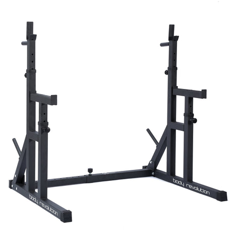 Schwarzer Squat Rack von Body Revolution mit verstellbaren Halterungen, stabiler Konstruktion und rutschfesten Füßen für sicheres Training