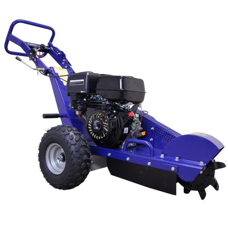Die T-Mech 15PS Baumstumpffräse in leuchtendem Blau mit robustem Motor, großen Gummireifen und präziser Fräse für effizientes Wurzelentfernen