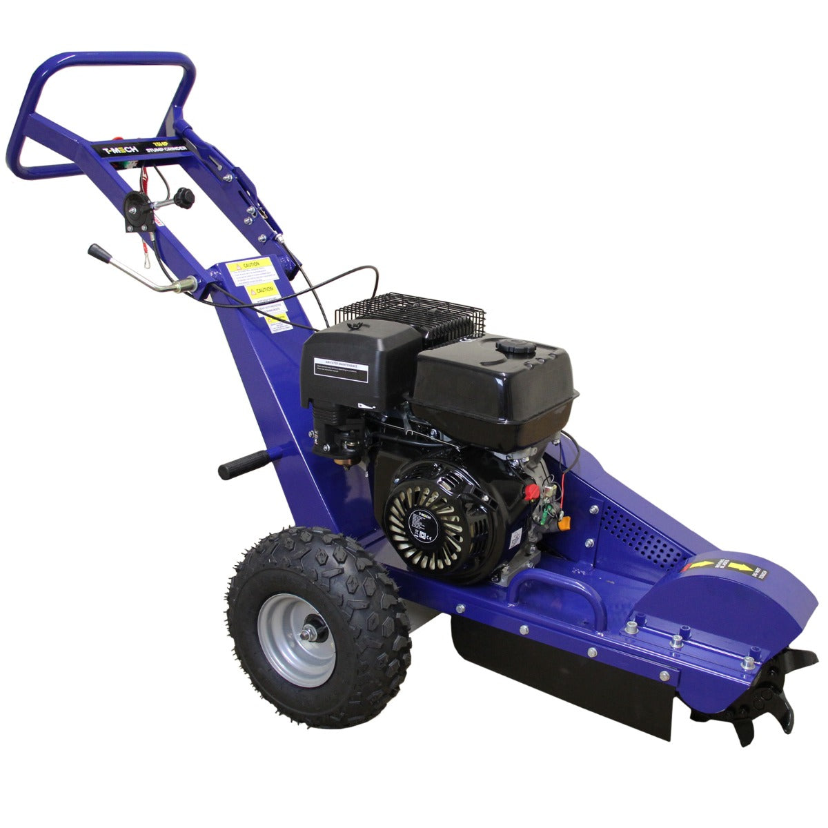 Die T-Mech 15PS Baumstumpffräse in leuchtendem Blau mit robustem Motor, großen Reifen und ergonomischem Griff für effizientes Fräsen von Baumstümpfen