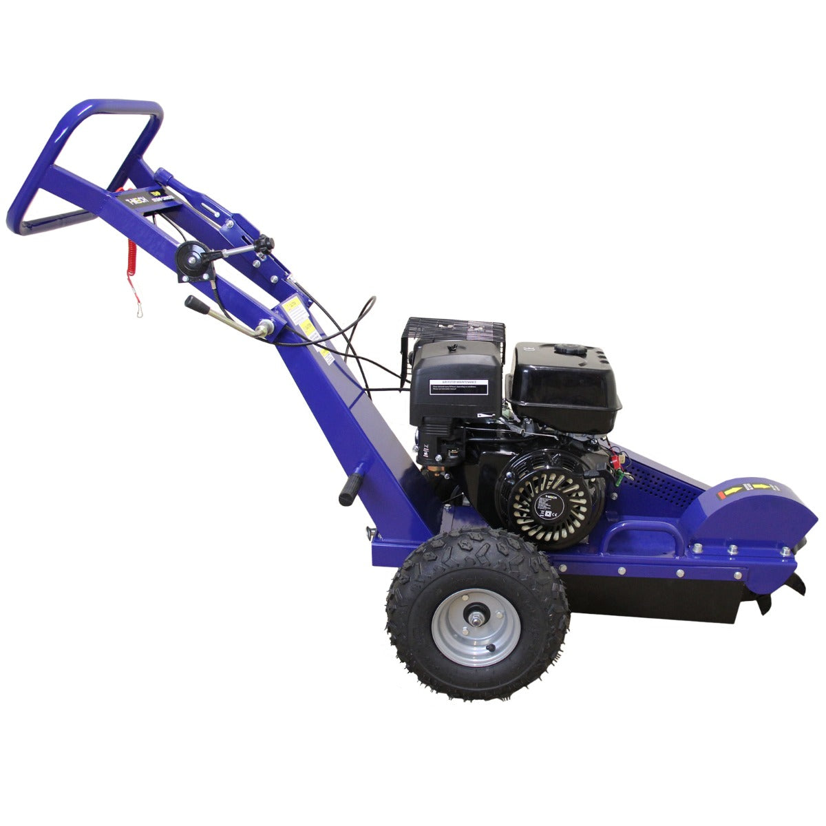 Die T-Mech 15PS Baumstumpffräse in leuchtendem Blau hat einen robusten Motor, breite Reifen und ein kompaktes Design für effizientes Fräsen von Baumstümpfen