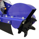 Die T-Mech 15PS Baumstumpffräse in leuchtendem Blau mit robusten Stahlklingen und präziser Fräse für effektives Entfernen von Baumstümpfen