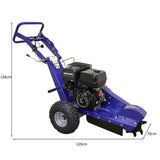 Die T-Mech 15PS Baumstumpffräse in leuchtendem Blau mit robustem schwarzen Motor, großen Reifen und ergonomischem Griff, ideal zum Entfernen von Baumstümpfen